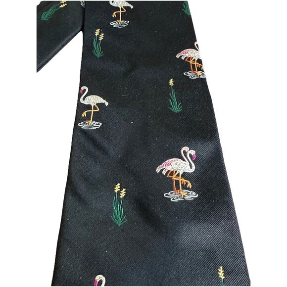 Polo Ralph Lauren Silk Flamingo Tie Cattails Made USA Handmade Vtg Black Gray - Picture 3 of 8